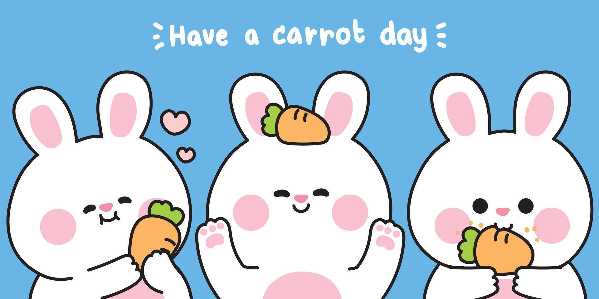 Set of cute rabbit with carrot in various poses.Easter.Rodent pet farm animal cartoon.Image for card,sticker,baby clothing,print screen.Kawaii.Illustration. vector