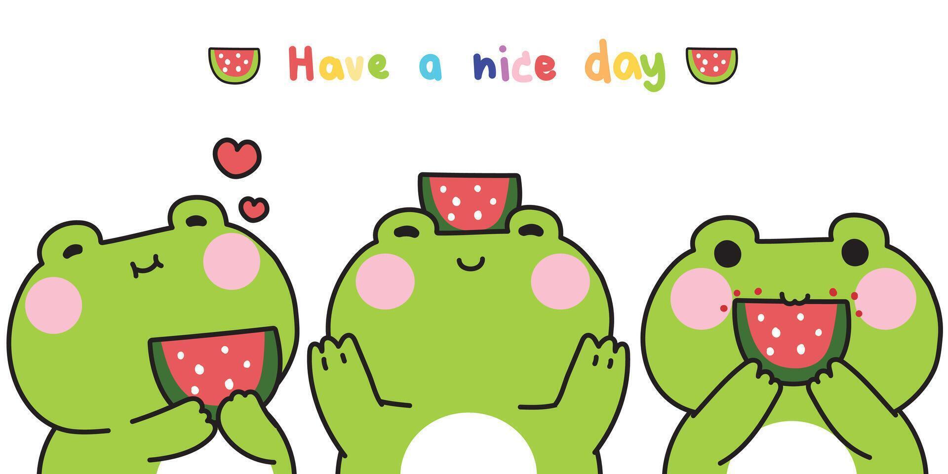 Set of cute frog with watermelon fruit in various poses.Summer.Reptile animal character cartoon.Image for card,sticker,baby clothing,print screen.Kawaii.Illustration. vector