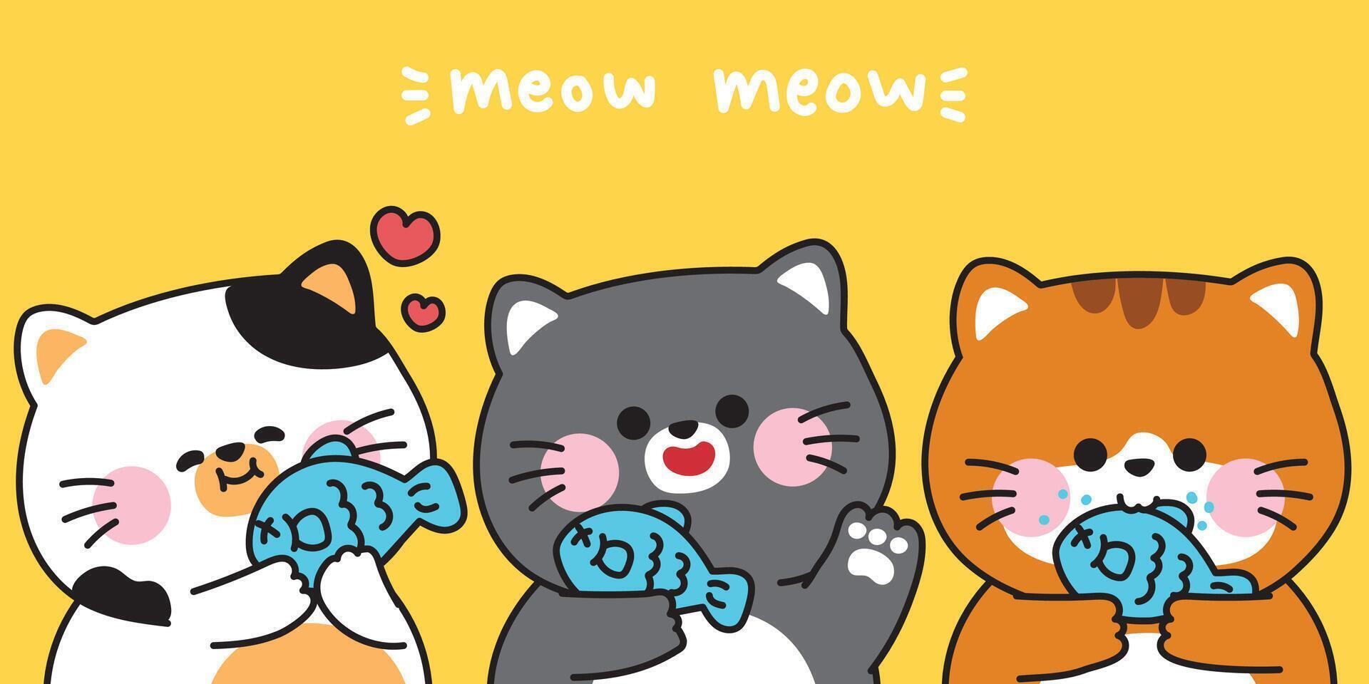 Set of cute cats with fish in various poses.Meow.Kitten.Pet animal character cartoon.Image for card,sticker,baby clothing,print screen.Kawaii.Illustration. vector