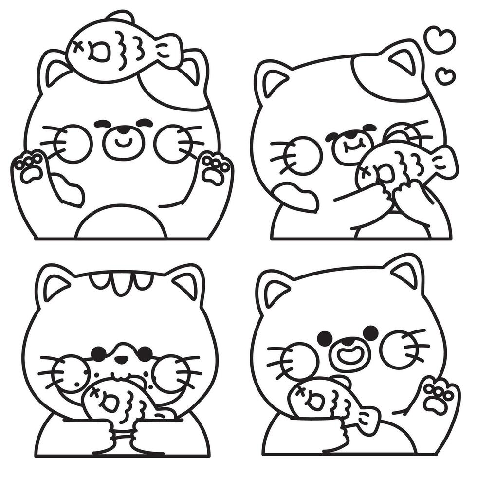 Coloring book.Set of cute cat with fish in various poses.Meow.Kitten.Pet animal character cartoon.Painting book for kid.School.Page.Kawaii.Illustration. vector