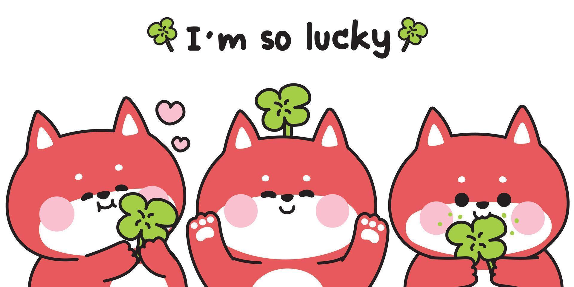 Set of cute fox with clover leaf in various poses.I am so lucky text.Wild animal character cartoon.Image for card,sticker,baby clothing,print screen.Kawaii.Illustration. vector