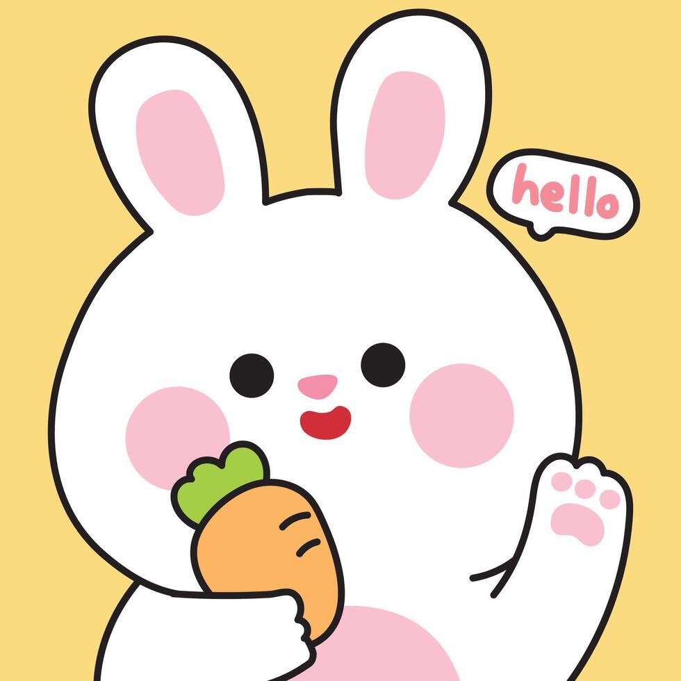 Cute rabbit with carrot greeting with hello text.Easter.Rodent pet farm animal cartoon.Image for card,sticker,baby clothing,print screen.Kawaii.Illustration. vector