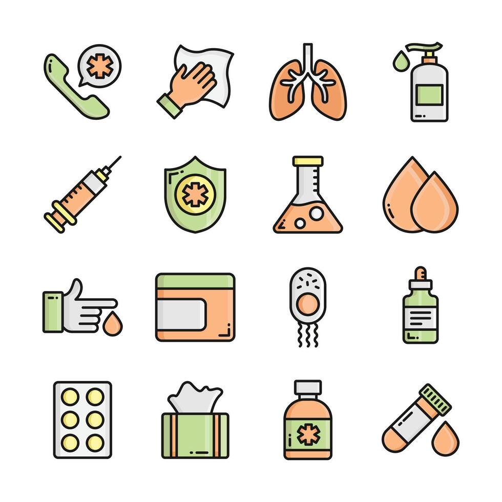 A set of icons representing various medical and healthcare elements. vector