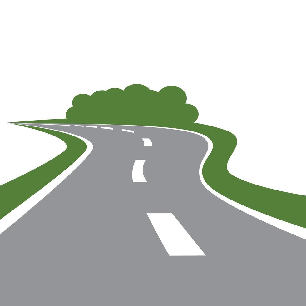 Winding paved road icon with green grassy roadside and curly bushes isolated on white background. For travel or transportation theme vector