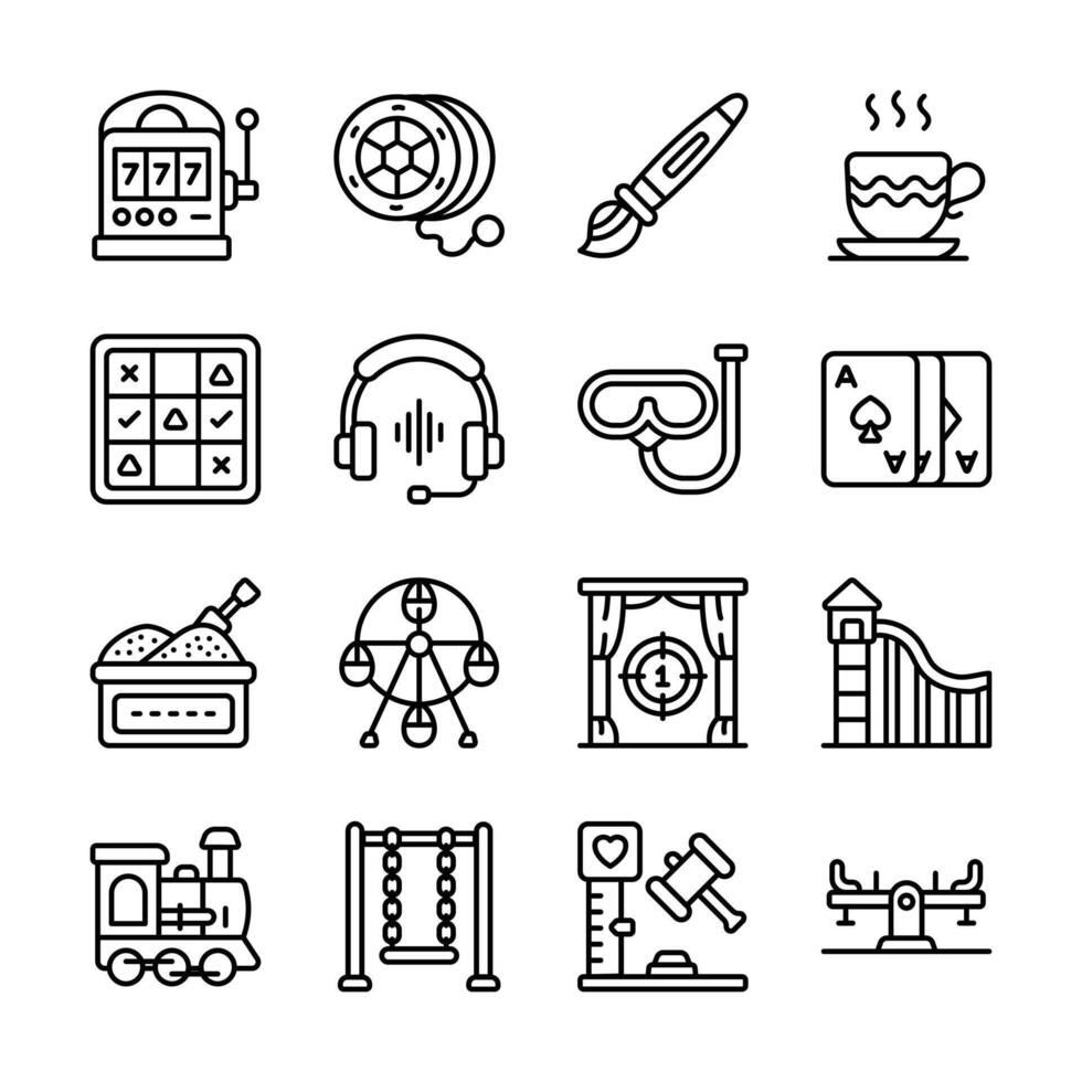 A collection of simple, colorful, outline icons representing various leisure activities.,. vector