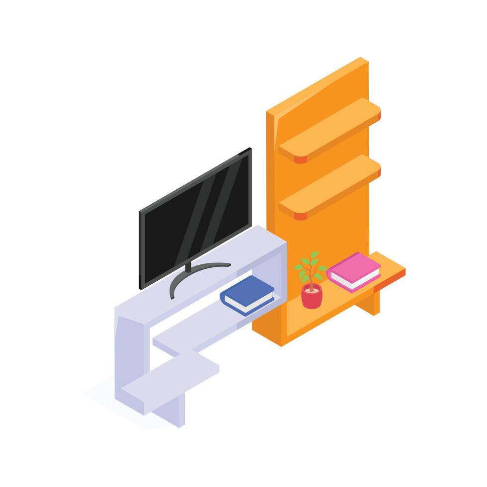 A modern TV unit with shelves for storage and decoration.., vector