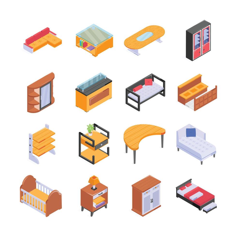 A collection of various modern furniture pieces, including sofas, tables, beds, dressers, and more. vector