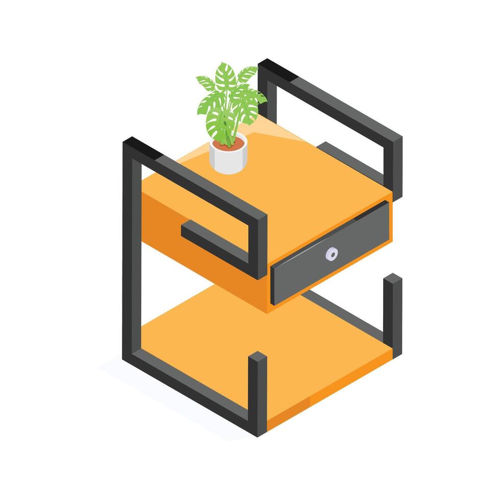 A stylish black and wooden side table with a plant. vector