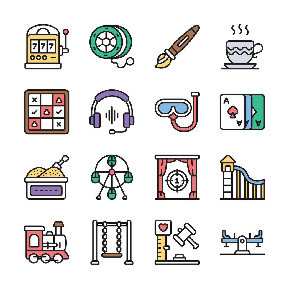 A collection of simple, colorful, outline icons representing various leisure activities. vector