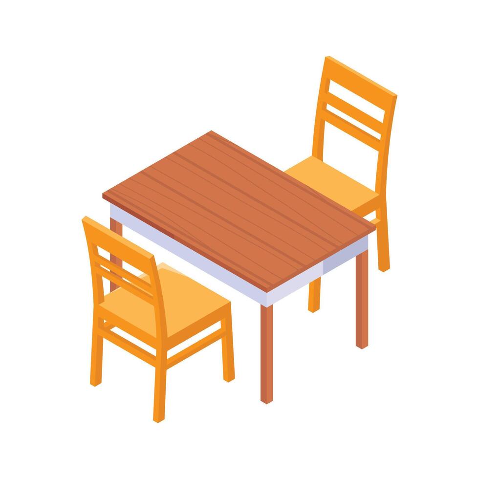 A vibrant isometric icon depicts a simple dining table with two chairs. vector