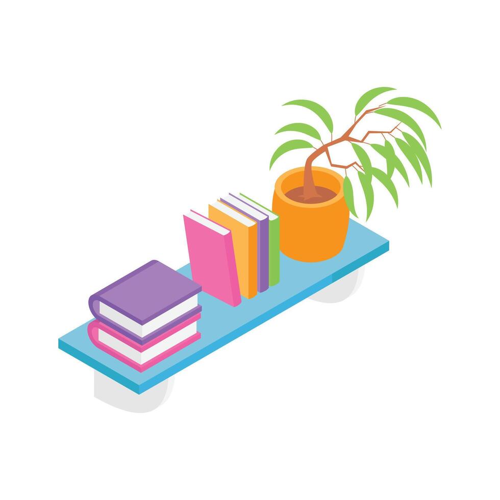 A modern floating wall shelf with books and a potted plant. vector