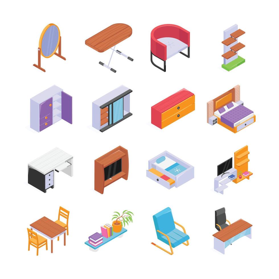 Vibrant isometric icons showcases a variety of modern furniture vector