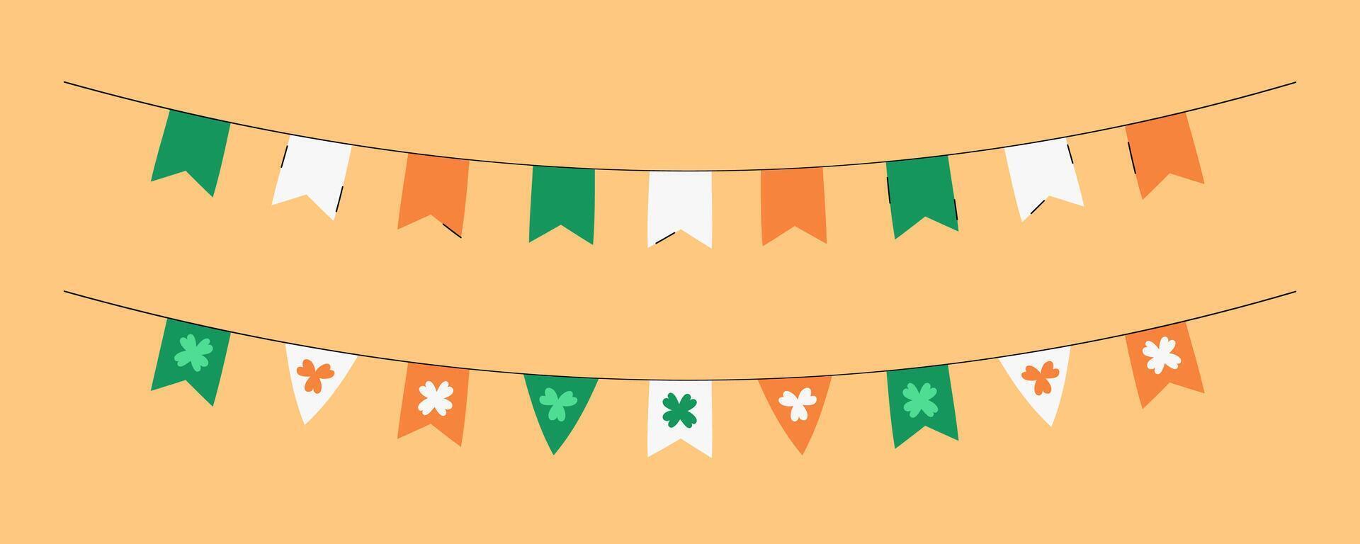 Saint Patricks Day flag banners with shamrocks illustration. Isolated festive hanging flags party decoration. Cute design elements Patricks Day March celebration. Green, orange, white colors. vector