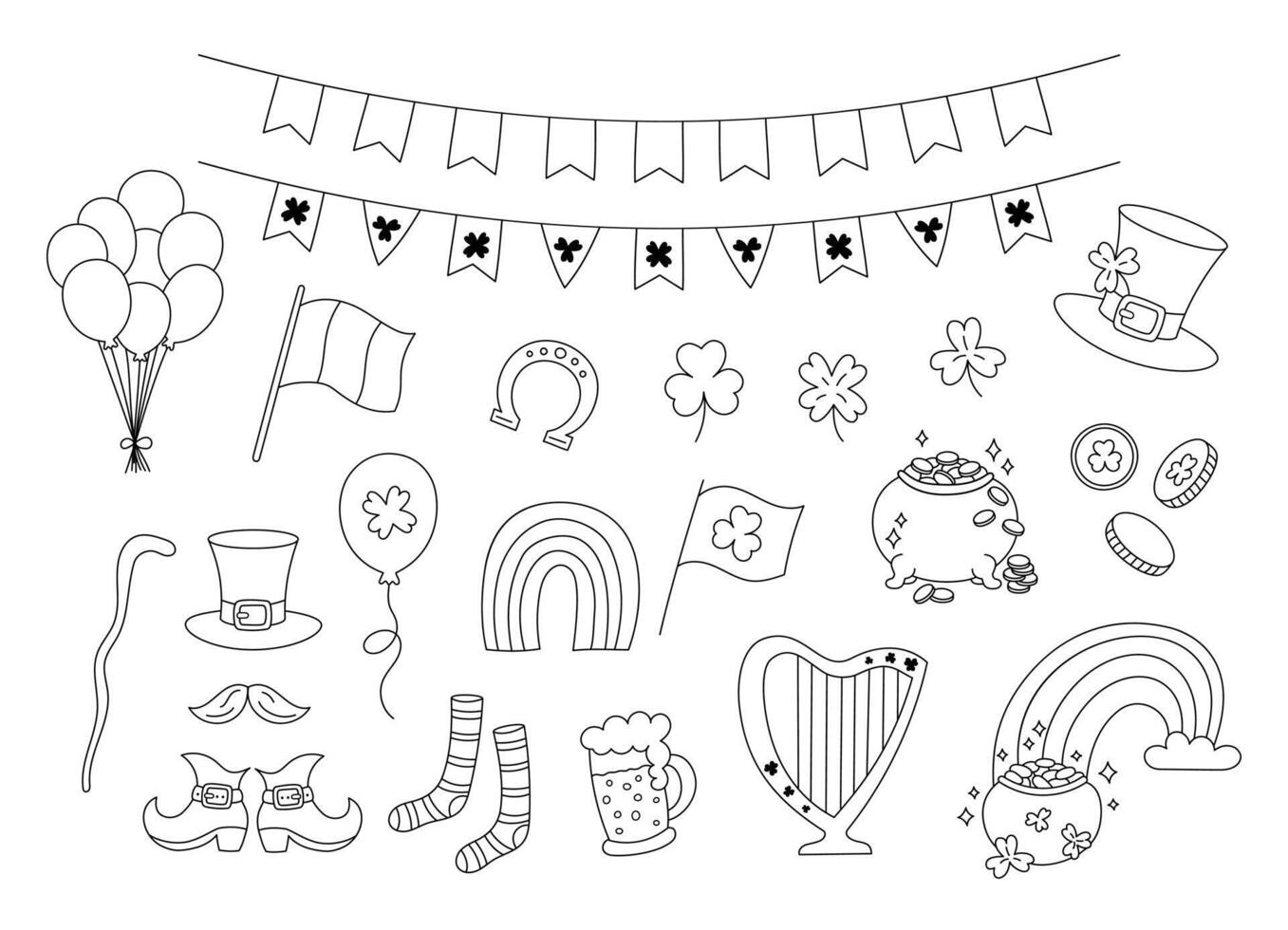 St Patricks Day doodles set. Cute doodles of leprechaun stuff, pot of gold, clovers and shamrocks, rainbow and festive elements. Patrick Day March 17 isolated black objects on white background vector