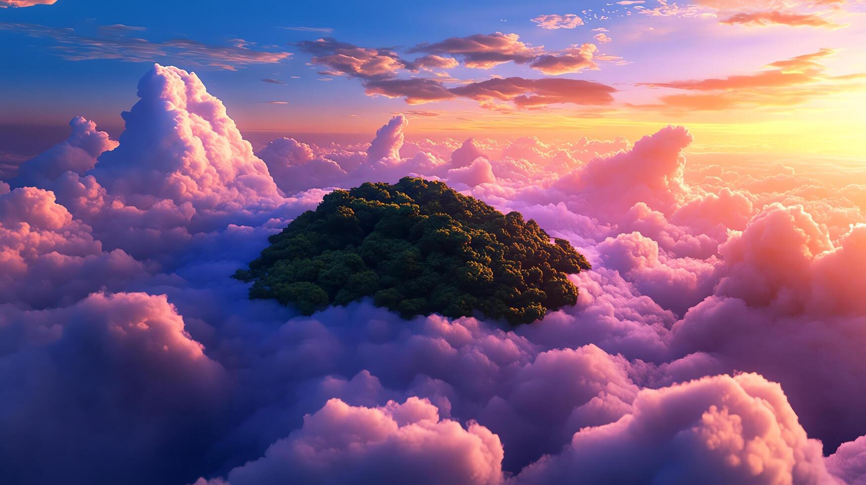 A serene mountain island amidst colorful clouds. photo
