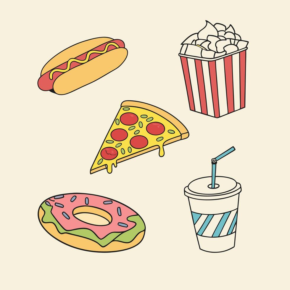 a set of different foods including a pizza, a hot dog, and a soda vector
