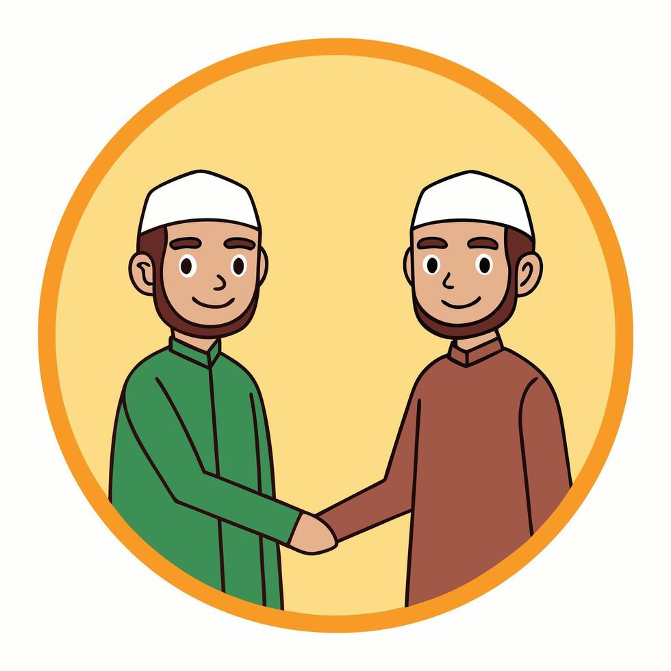 two muslim men shaking hands in a circle vector