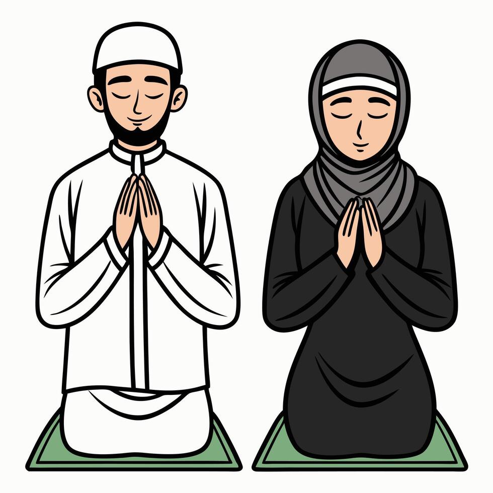 muslim man and woman praying together vector
