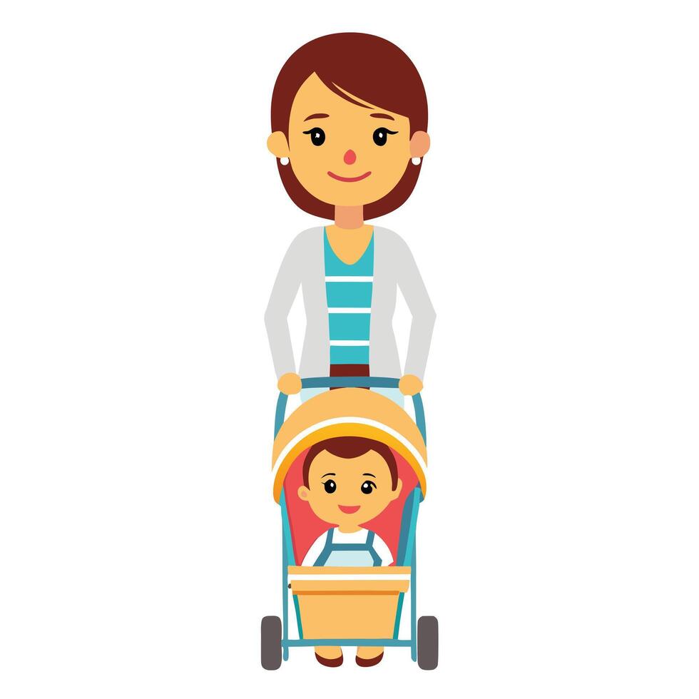 mother and child walking in stroller illustration vector