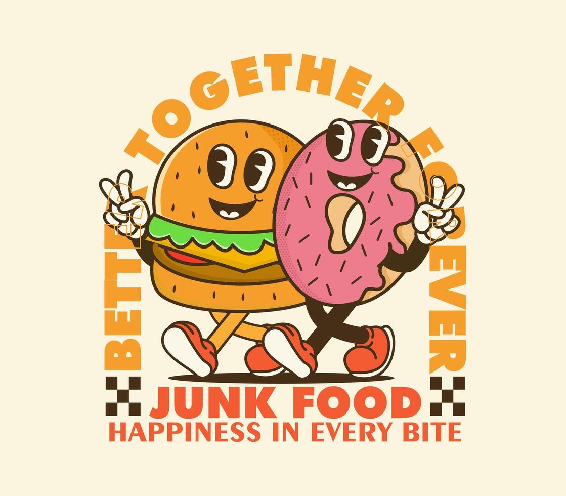 junk food burger and donut mascot retro character design can be used as t shirt, sticker, poster, print design, apparel design. groovy illustration vector