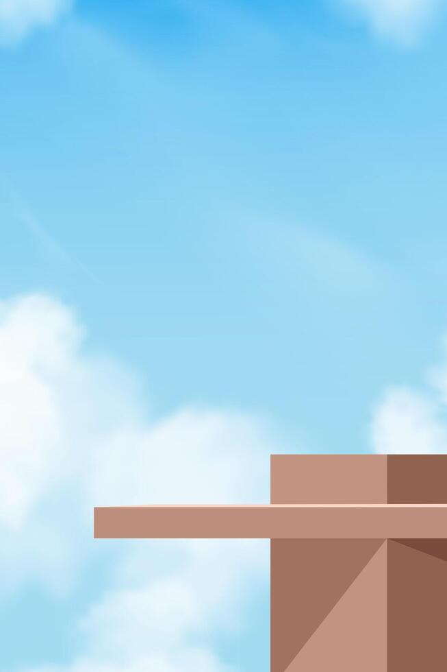 Sky Blue,Cloud Background,Brown Podium Platform Step,Minimal 3d Display for Summer Cosmetic Product Presentation Banner, Nature Landscape of Abstract Architecture Wall on Spring Sky vector
