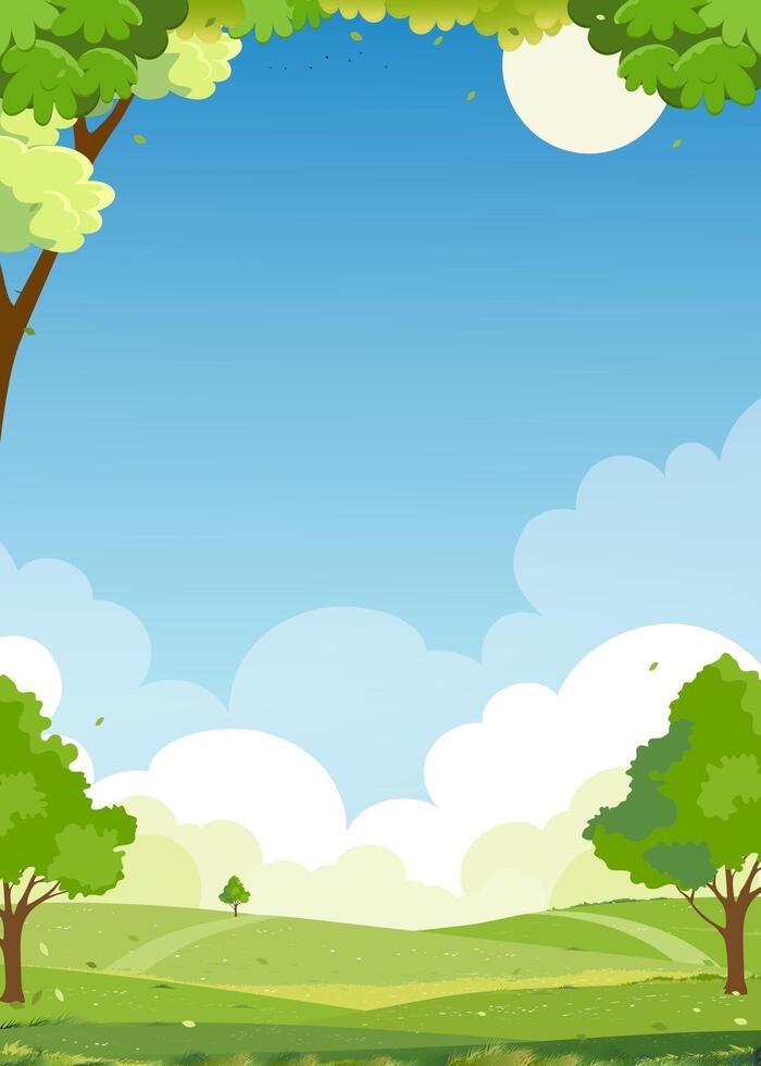 Spring landscape green fields lwith mountain, blue sky and clouds background,Vertical peaceful rural nature in springtime with green grass land.Cartoon illustration for spring and summer banner vector