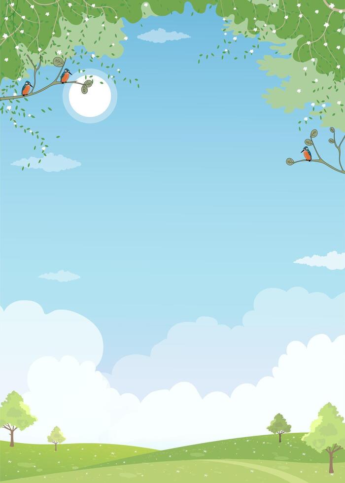 Spring background.Summer landscape of garden with blue sky cloud, sun, forest tree and green grass lawn field on mountains, cute cartoon nature park with copy space for Easter background banner vector