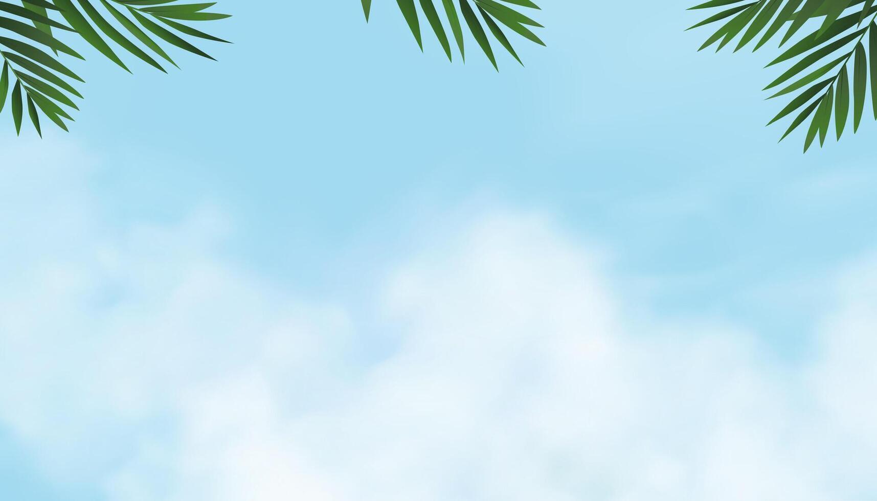 Sky Blue Background,Summer Clear Sky Cloud,Green Palm leaf Border frame.Sunny day with sunlight morning, Horizon Nature Landscape daylight in afternoon Spring, illustration Banner weather season vector