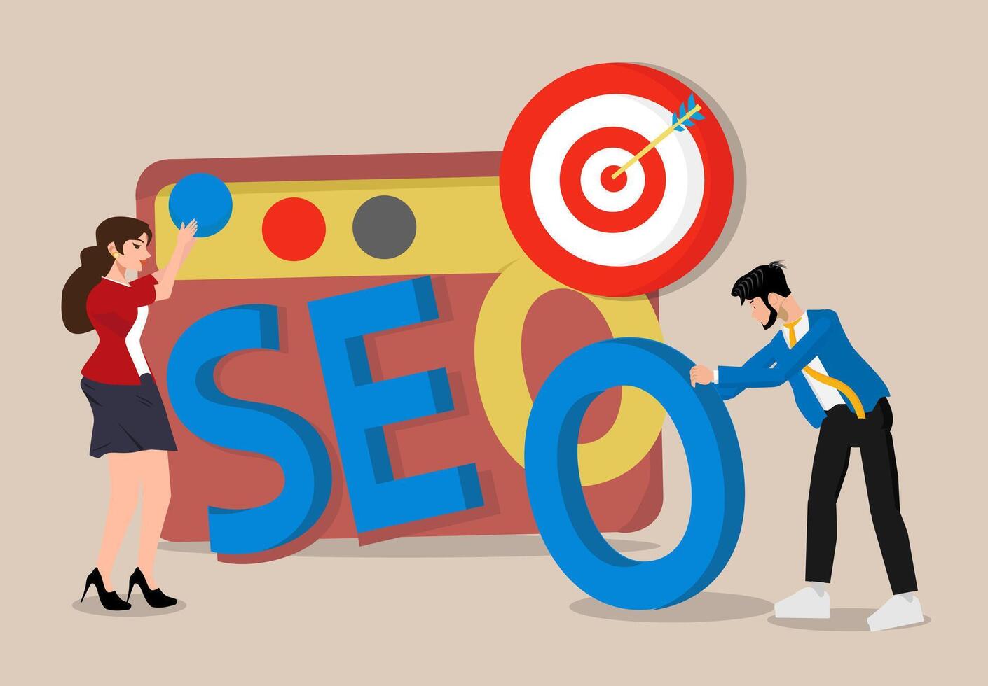 Digital marketing, SEO, search engine optimization, or social media and web to engage online users concept. A man is pushing letters. Analysis of seo concept vector