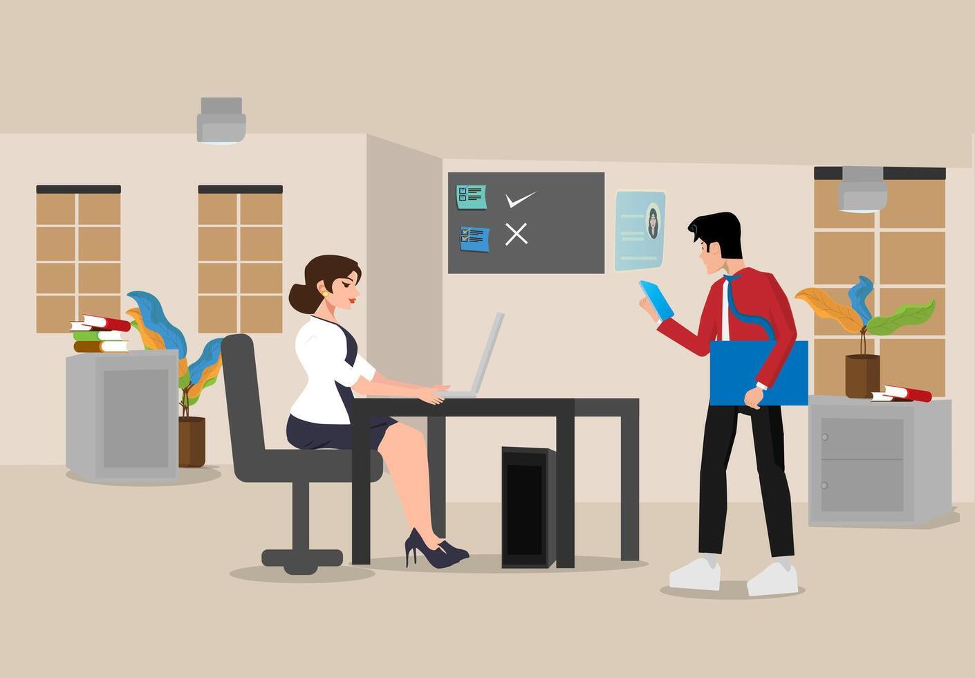 a man and woman are working at a desk in an office vector