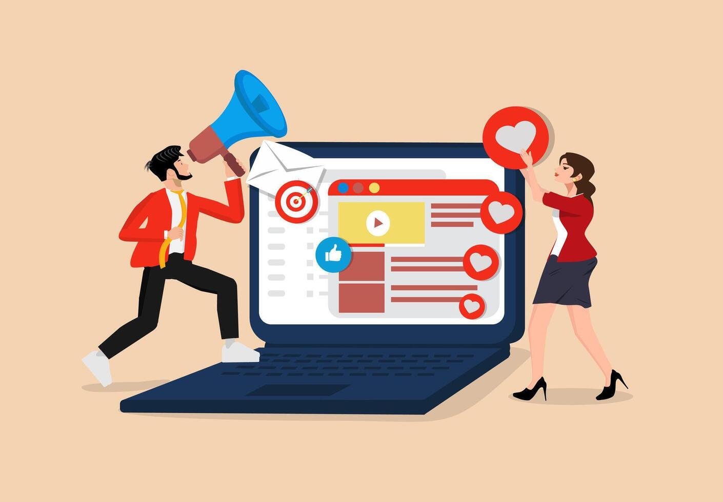 Marketing team, digital marketing strategy, A man holding a loudspeaker and a woman holding a love icon. social media management concept. Abstract illustration set of campaign strategy development. vector