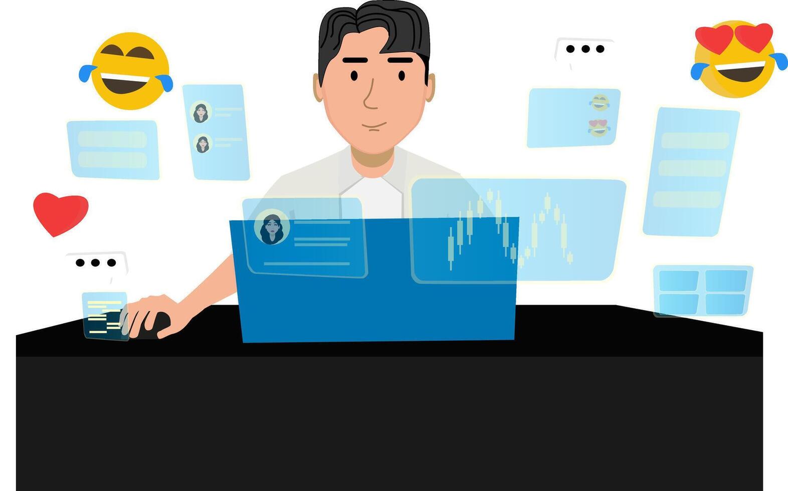 a man sitting at a desk with a laptop and emoticions vector