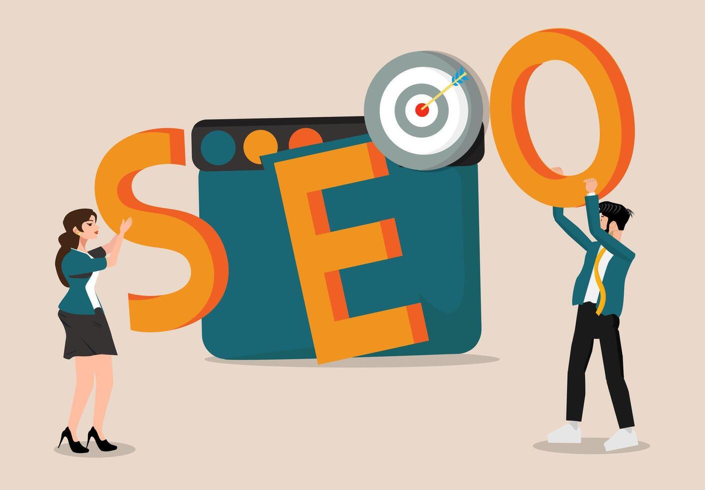 SEO Concept. Search engine optimization ideas for websites. a man and a woman holding SEO letters vector