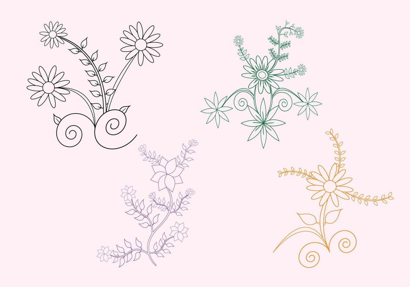 Flower pattern for embroidery ornament elements Bundle With Leaves Coloring Page Graphic Elements Outline vector