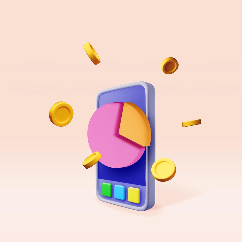 3D growth chart pie on mobile phone. Render stock money on smartphone shows growth or success. Financial item, business investment, financial market trade. Money and banking vector