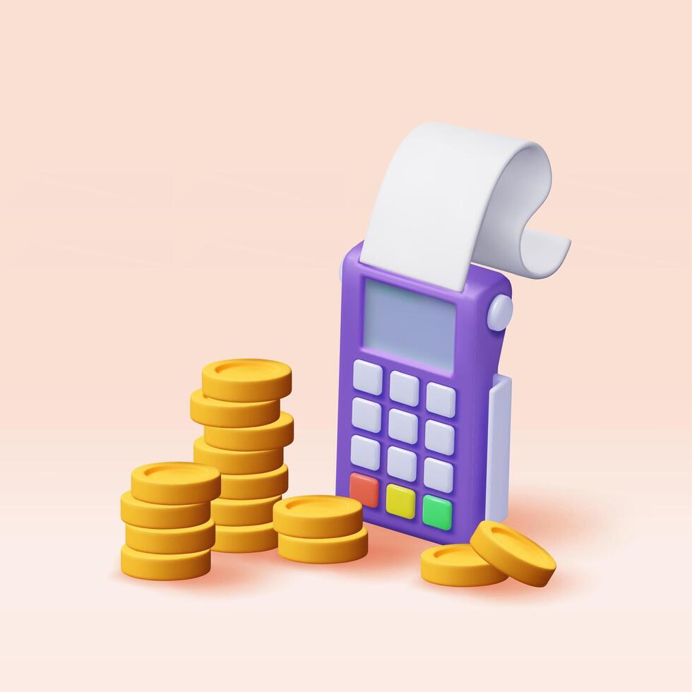 3D Payment icons set. Render terminal with card, coins and receipt. Modern POS bank payment device. Payment NFC keypad machine. Golden dollar coins. Credit debit card reader vector