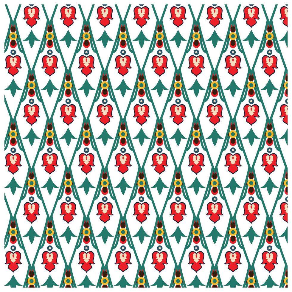Repeating floral pattern featuring red roses with green leaves and yellow accents on a white background. vector