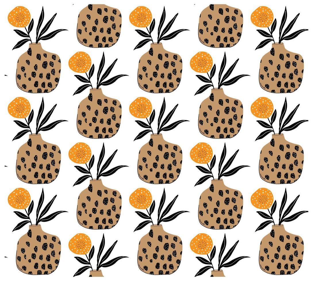 A repeating pattern of brown, spotted vases with black leaves and bright orange floral accents on a white background. vector