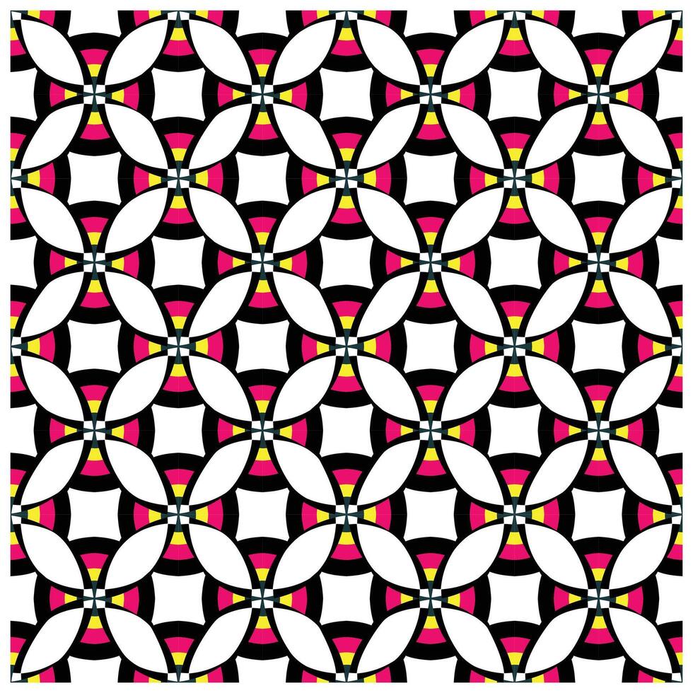 Abstract geometric pattern featuring interlocking circles and squares in vibrant pink, yellow, black, and white colors. vector