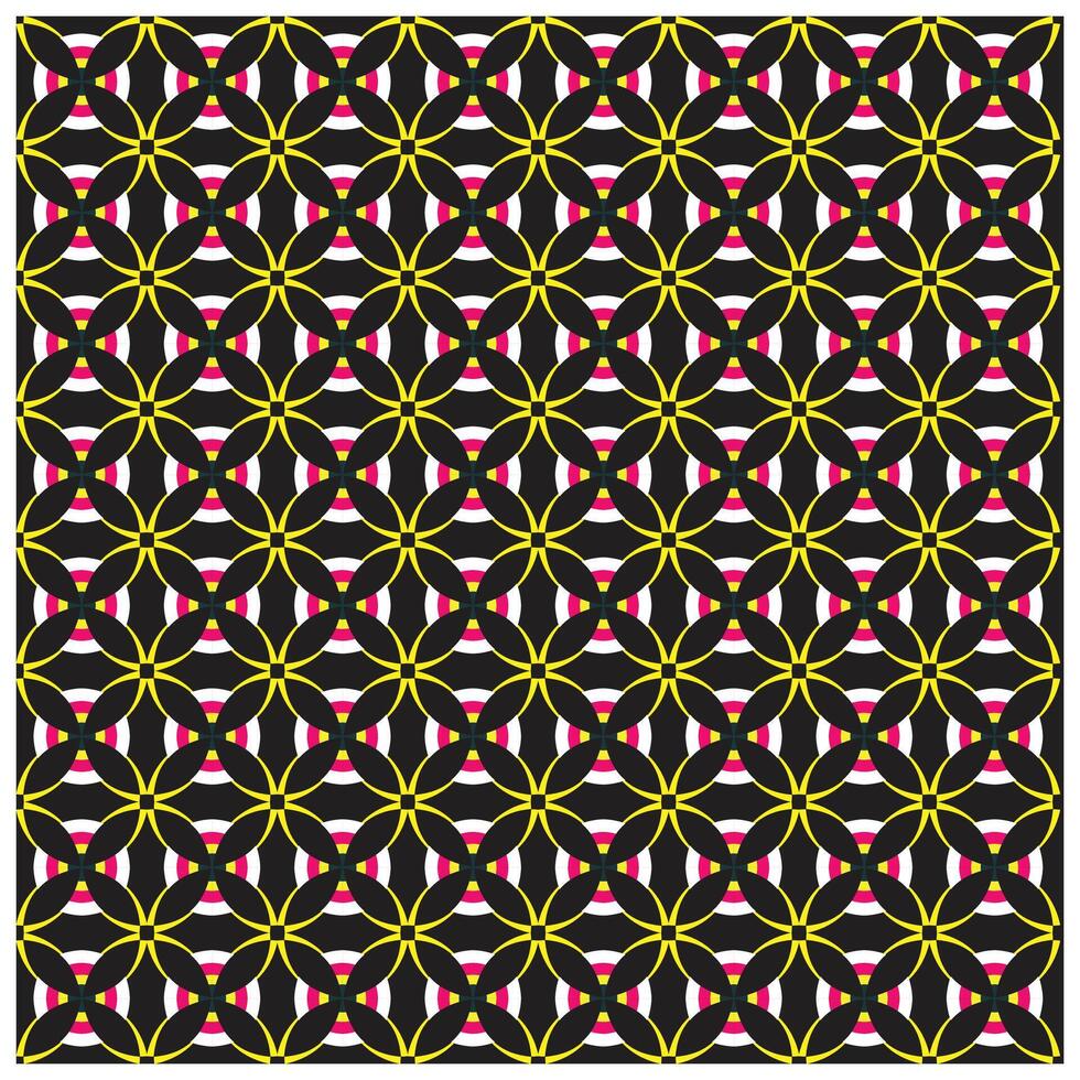 A vibrant geometric pattern featuring interlocking circles in yellow, black, and pink against a black background. vector