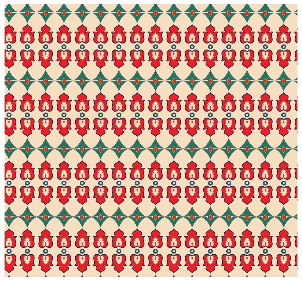 Seamless pattern featuring stylized red flowers with cream centers, surrounded by green leaves and circular motifs on a beige background. vector