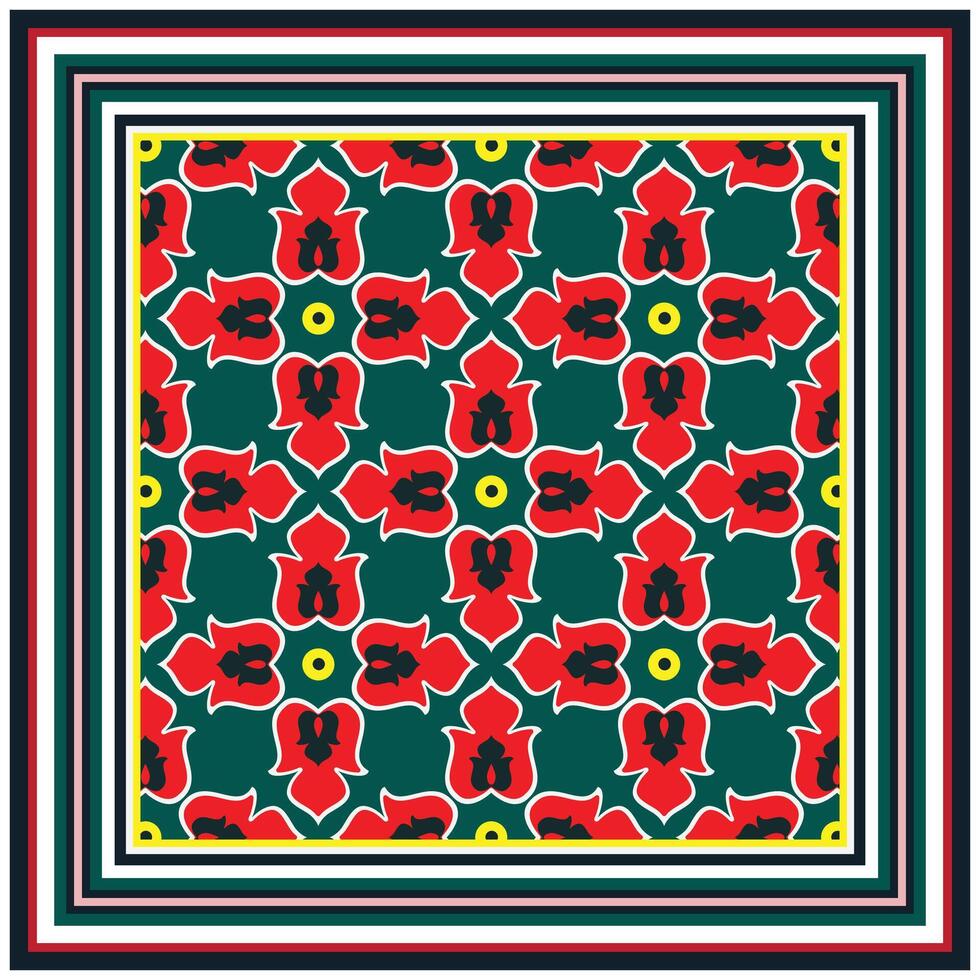 Colorful floral print scarf pattern featuring red blooms and black accents, framed by multicolored striped borders on a dark green background. vector