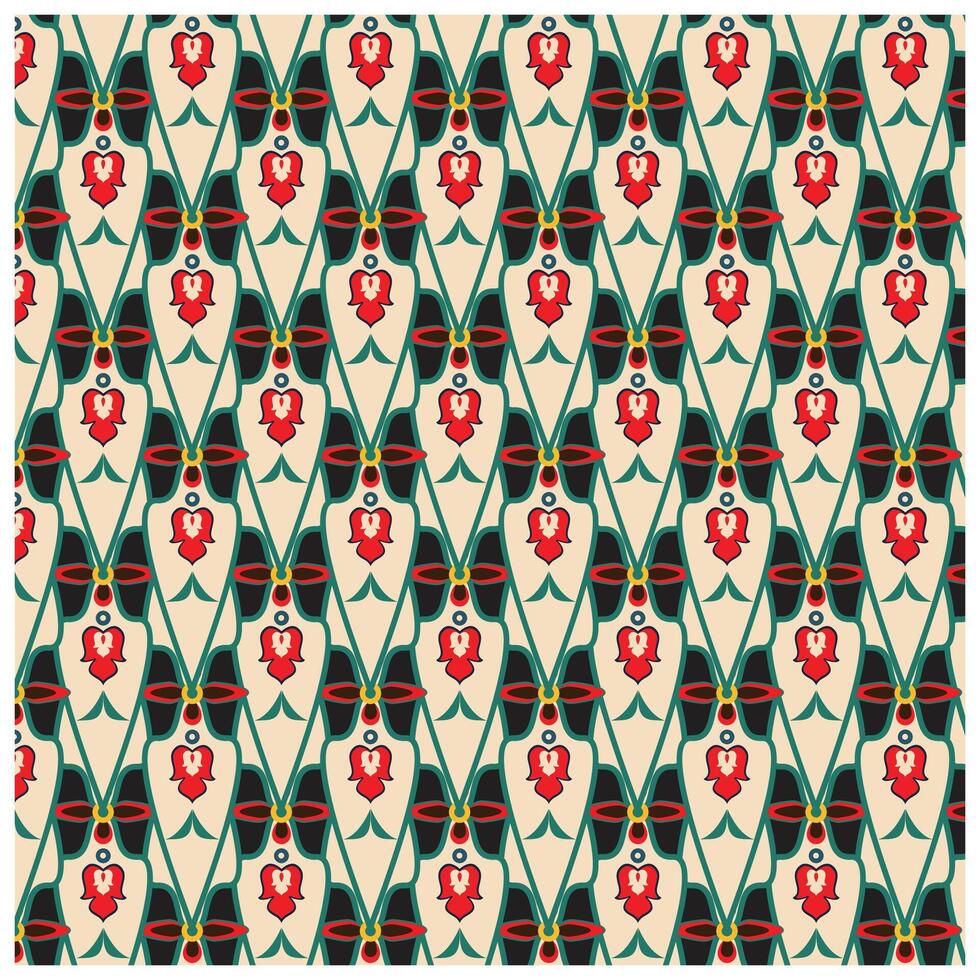 A repeating pattern of stylized red flowers on a cream background, framed by green leaves and decorative elements in black and yellow. vector