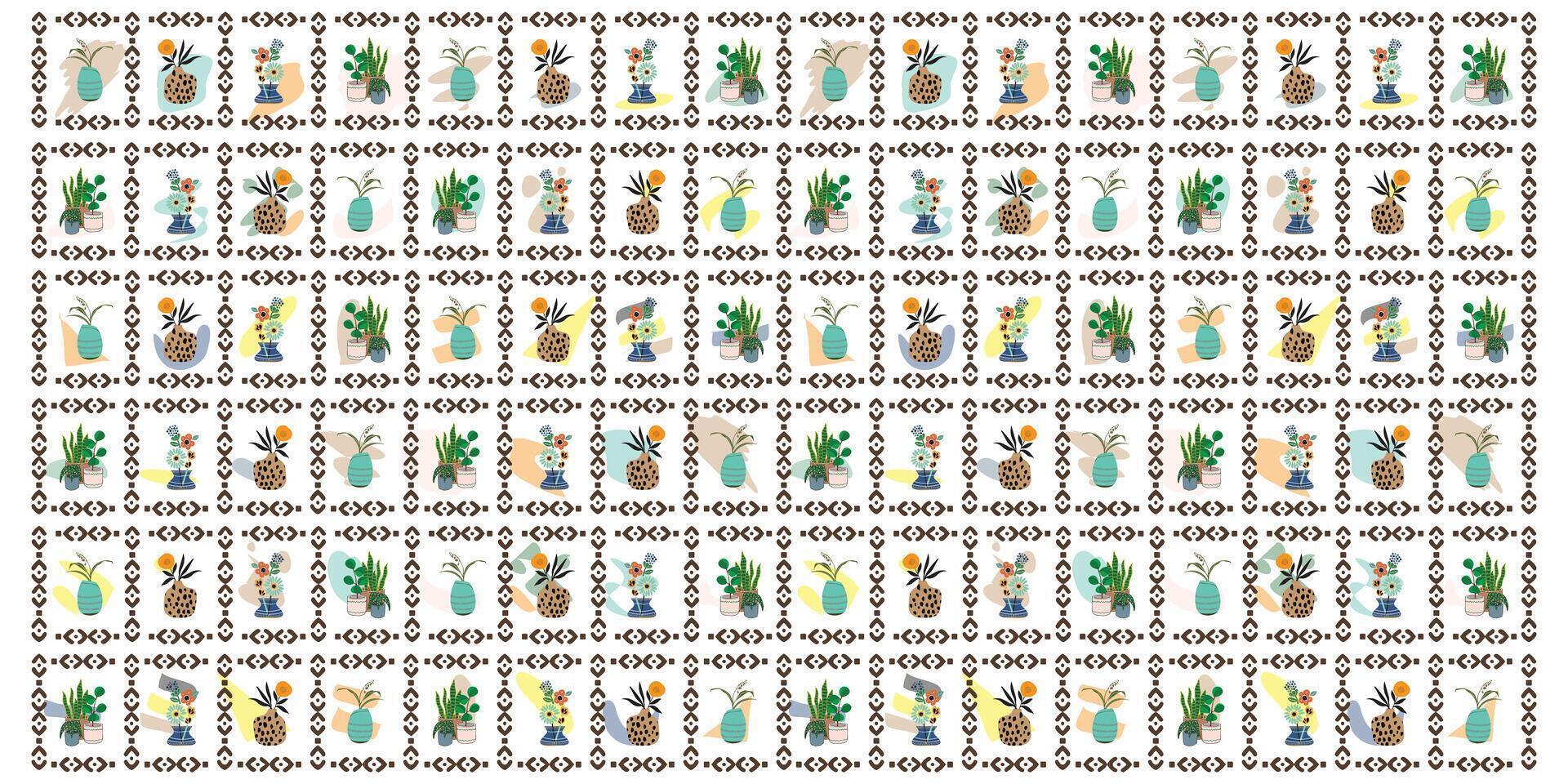 A vibrant pattern of potted plants and flowers in decorative pots, arranged in a grid with geometric borders. vector