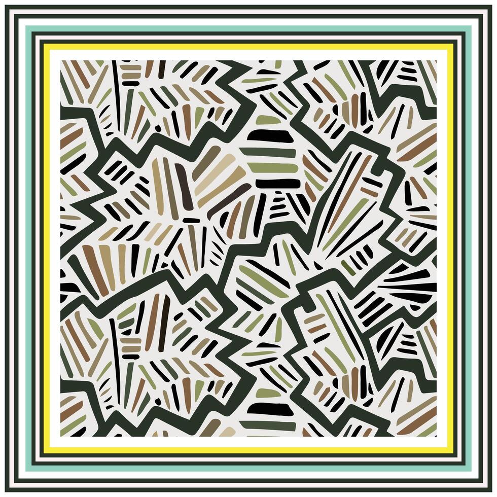 Abstract scarf, leaf pattern in square shape, filled with earthy tones, outlined by a series of colorful, striped borders. vector