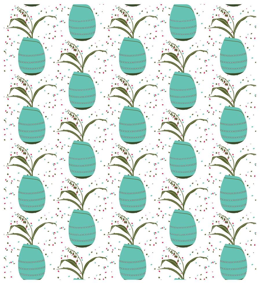 Pattern of teal pots with plants, featuring curved lines and scattered colorful dots on a white background. vector