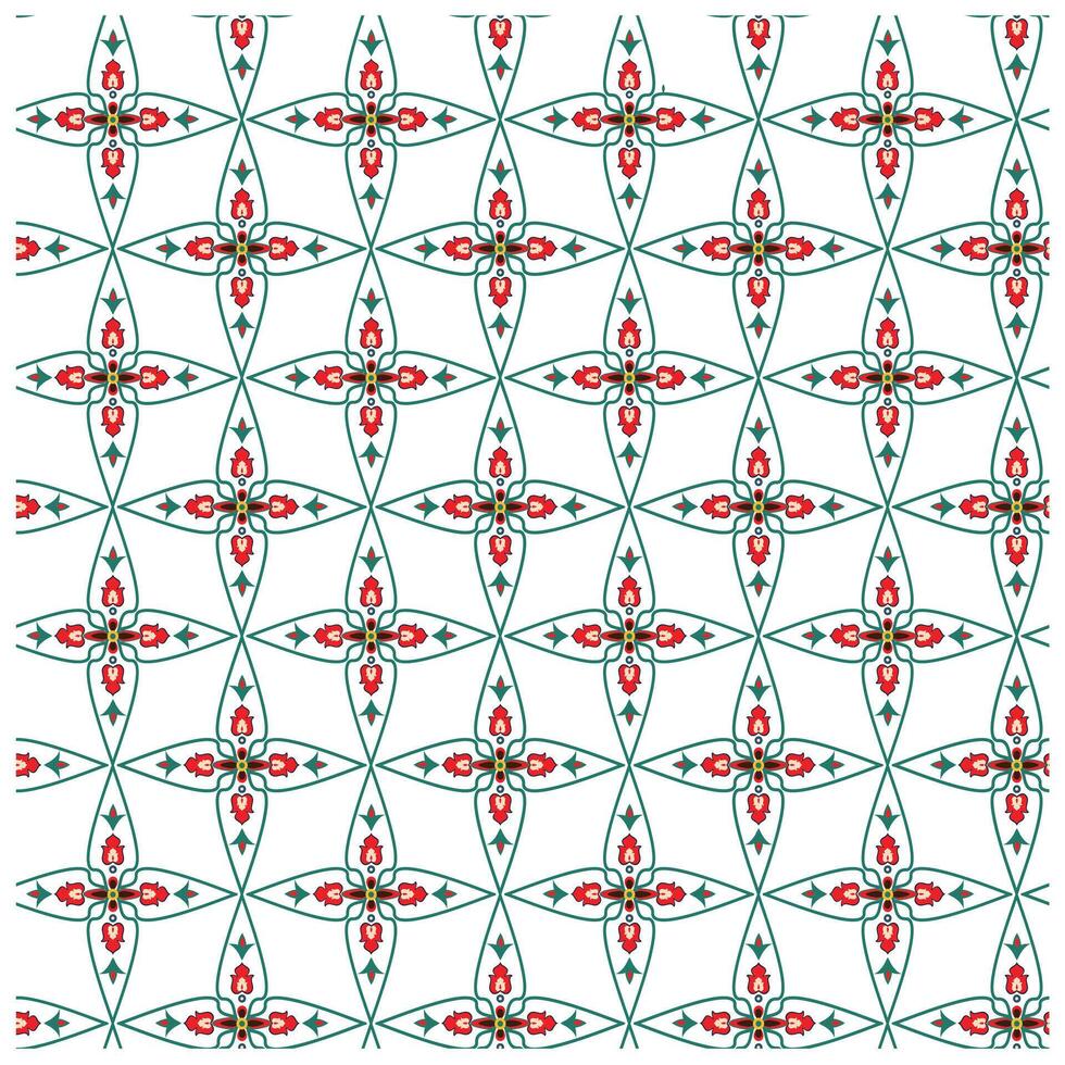 A geometric pattern featuring red floral designs within star-shaped outlines on a white background. Green accents enhance the design. vector