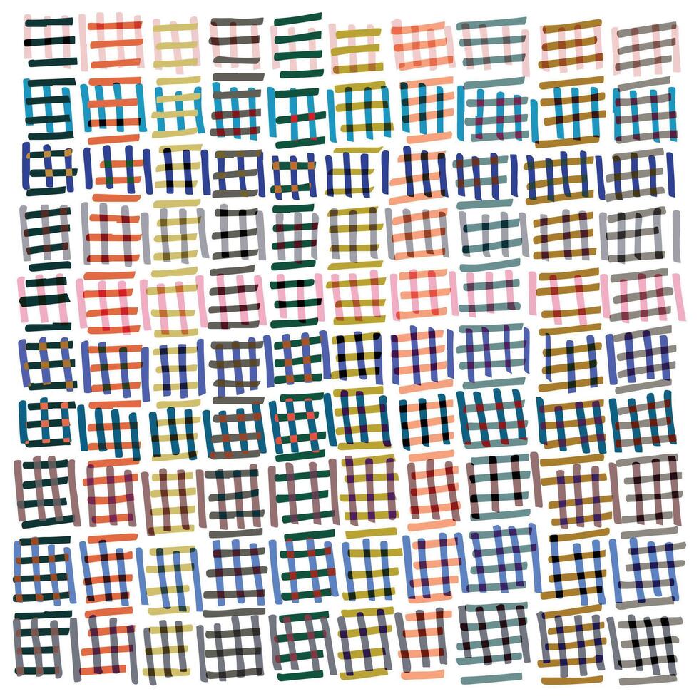 A vibrant collage of overlapping plaid patterns in various colors and orientations, creating a dynamic abstract design. vector