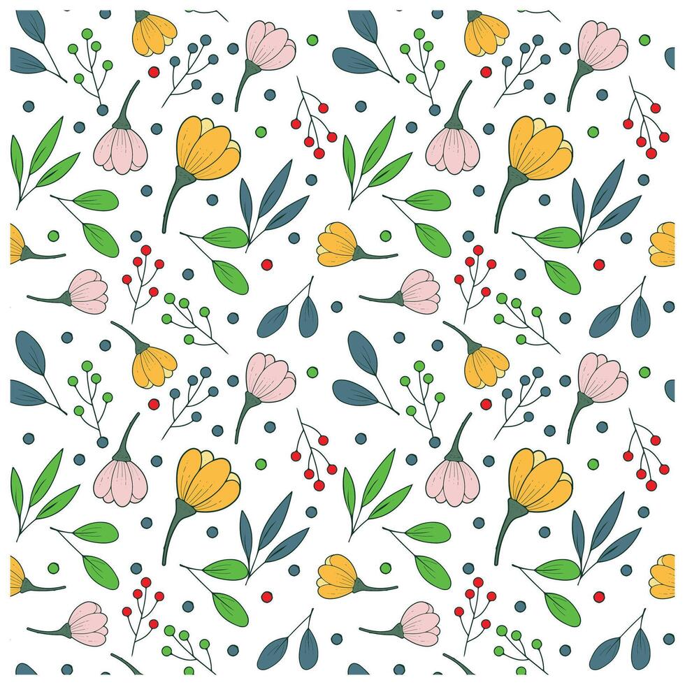 A vibrant pattern featuring colorful flowers, leaves, and berries on a white background, creating a cheerful, nature-inspired design. vector