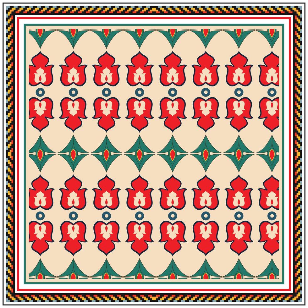A repeating square print scarf, pattern of red flowers with cream centers, framed by colorful geometric borders, against a light beige background. vector